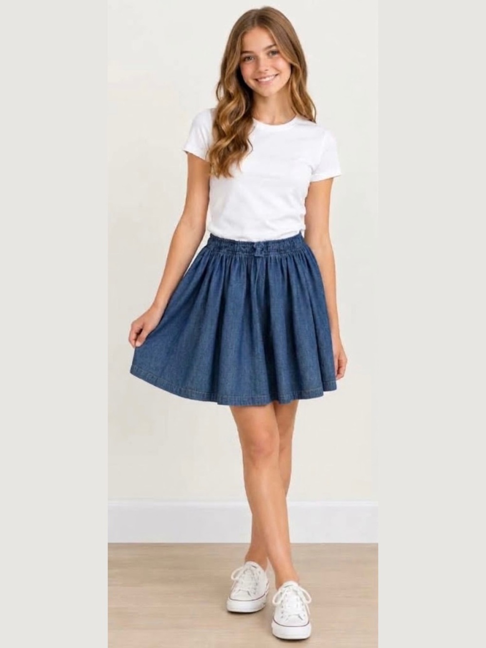 Lands End Skirt Gathered Pleated Denim
Chambray Mini Midi Blue Medium Jean 10-12
